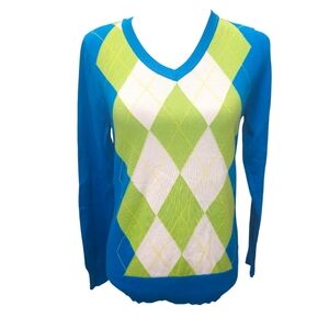 St. John's Bay Women's Blue and Green Argyle Sweater Size Medium